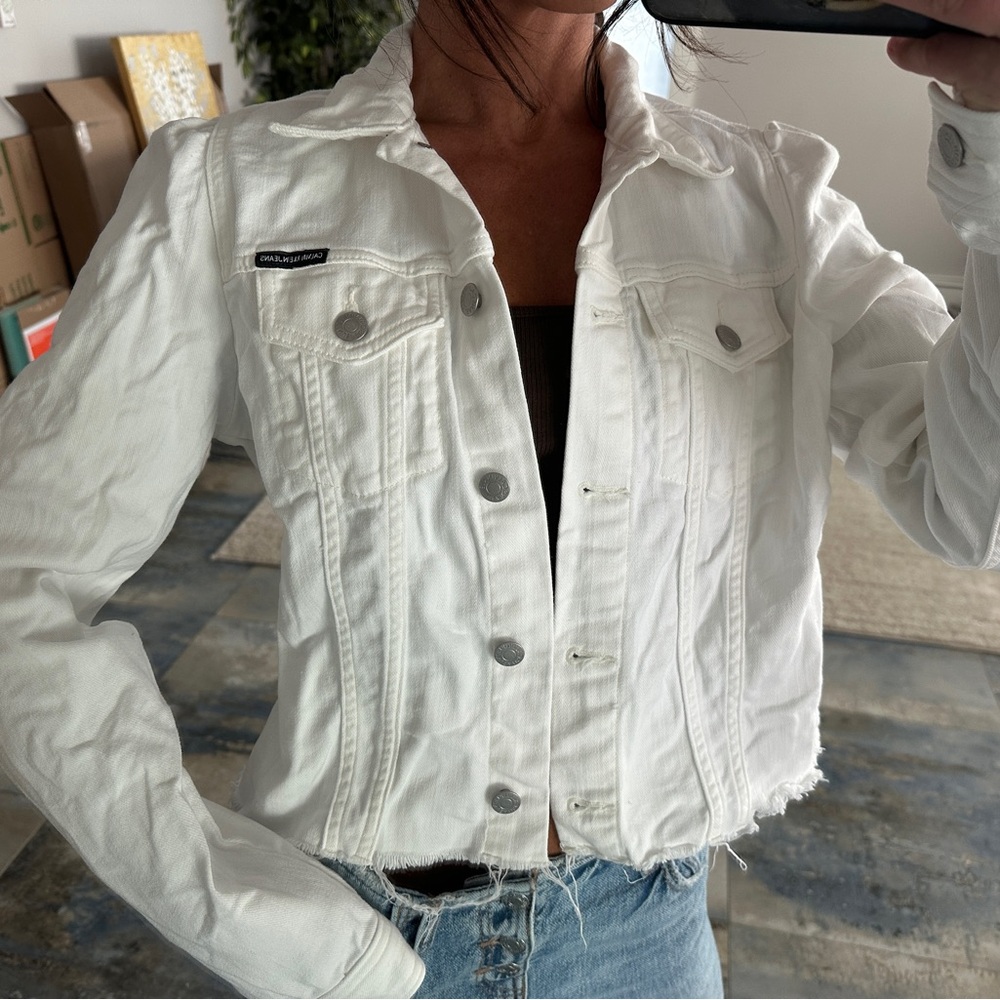 Calvin Klein White Jean Crop Jacket Puff Sleeve Raw Hem